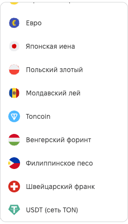 Store currency list: «Swiss franc» with the Swiss flag between «Philippine peso» and «USDT (TON network)»
