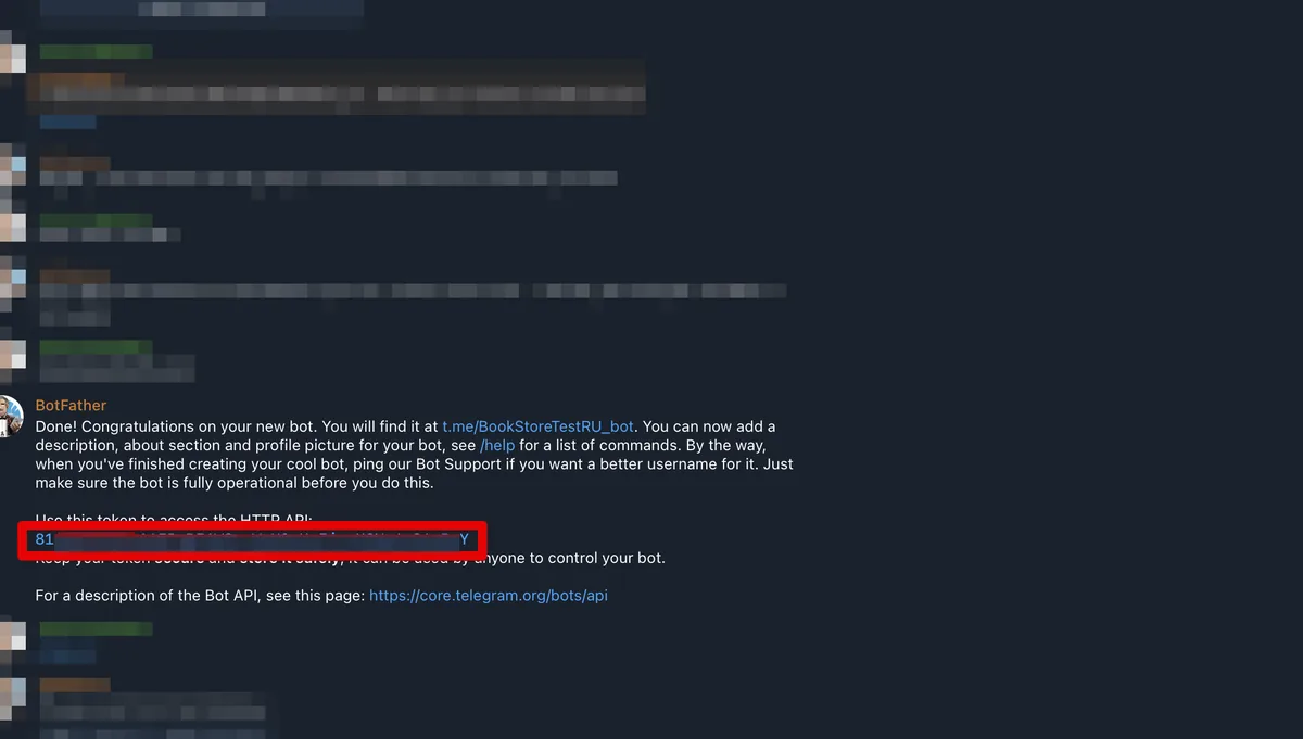 Fig. 3. Receive and copy the unique key of the created bot.